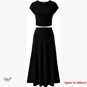 Polyester Two Piece Skirt Set Cropped Top Midi Skirt Casual